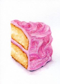 a piece of cake with pink icing on it sitting on top of a white surface