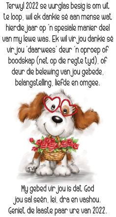 a dog with glasses holding a basket of flowers in it's paws and saying, happy