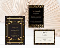 an elegant black and gold wedding suite is featured in this image with the fan behind it