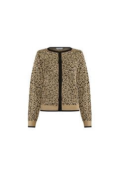 Add a touch of glamour with James Lakeland's Leopard Lurex Knitted Cardigan. Featuring subtle shimmers throughout, this chic design is finished with sleek black buttons and a refined black trim along the collar and down the front. A stylish and versatile piece to elevate any outfit!     Made in Italy 70% Viscose, 15% Polyamide Machine Wash at 30°C, Do not bleach, Permanent Press, Iron at Low Temperature, Dry Clean any solvent except trichloroethylene, Do Not Tumble Dry. Leopard Print Cardigan Short, Luxury Textured Knit V-neck Cardigan, Luxury Brown Jacquard Knit Cardigan, Jcrew Oversized Leopard Print Cardigan, Leopard Cardigan, Knit Loungewear, Stocking Fillers For Her, Holiday Party Outfit, Brown Leopard