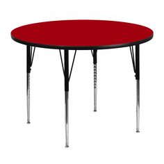 a red round table with chrome legs on an isolated white background, viewed from the front