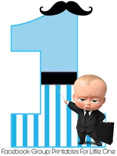 a baby in a suit with a mustache on top of a blue number one sign