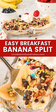 Easy Breakfast Banana Split pin collage Breakfast Banana Split, Banana Split Recipes, Easy Breakfast Treats, Super Easy Breakfast, Breakfast Banana, Breakfast Quiche Recipes, Breakfast Recipes Sweet, Low Cal Recipes, Delicious Breakfast Recipes