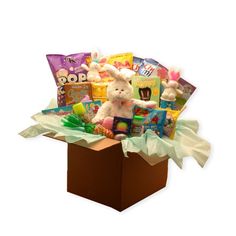 Our largest Easter Fun Care Package for an entire family or one huge gift for a special Little friend. Filled to rim and overflowing with Easter goodness and activities. The Easter of Fun Family Deluxe Care Package includes: 12" plush Easter bunny, 2 mini plush Easter Bunnies, 14 oz. Tortilla chips, 2 check snack mix bags, 12 oz. white cheddar popcorn, Tootsie roll bank, Easter peeps, Silly string, 2 jars Fun dough, egg crate full of milk chocolate covered marshmallows, pastel magic spring, milk chocolate Easter bunny, carrot patch candy corn, Peeps Easter coloring and activity book, fruit flavored bubbles, jelly beans, malted eggs, pastel chocolate mints and complete with a happy Easter bunny adorning the outside of the box. A sure delight for families and kids of all ages. Disclaimer: *A Rain Boot Easter Basket, Husband Easter Basket, Sports Easter Basket, Easter Care Package, Family Gift Baskets, White Cheddar Popcorn, Huge Gifts, Cheddar Popcorn, Chocolate Covered Marshmallows