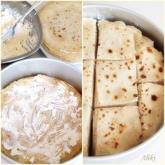 there are several different types of food in the bowl, including pita bread and dip