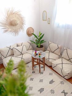 a living room filled with furniture next to a potted plant on top of a table