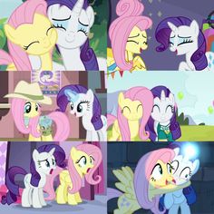 several different pictures of the same pony with pink hair and blue eyes, one is looking at