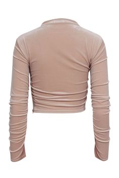 Unleash your inner glam bombshell with this A.L.C. velvet top! The ruched detailing creates a flattering silhouette, perfect for a girl's night out. Its pastel blush pink color adds a touch of femininity, while the long sleeves keep you cozy. Pair with jeans and a mule heel for a daring and stylish look. Size S 91% Polyester, 9% Elastane Invisible side zipper Side ruched drawstring tie Bust 30" Waist 27" Shoulder to hem 16" Sleeve length 26.5" Fitted Evening Top With Ruched Sides, Fitted Tops With Ruched Sides For Evening, Fitted Ruched Sides Tops For Party, Fitted Party Tops With Ruched Sides, Pink Ruched Top, Velvet Stretch Tops For Night Out, Pink Ruched Cotton Top, Pink Stretch Long Sleeve Crop Top, Pink Long Sleeve Soft-washed Top