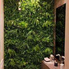 a bathroom with a green wall in the middle and a sink on the other side