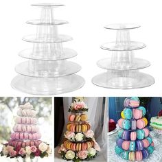 there are many different types of macaroons on this cake stand, and one is decorated with flowers