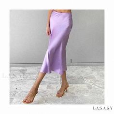 Lasaky - Chic High-Waisted Midi Skirt in Luxurious Purple Satin with Figure-flattering Pencil Silhouette 2025 Trends, Satin Pencil Skirt, Midi Skirt Spring, Long Skirt Summer, High Waist Long Skirt, Silk Midi Skirt, Bodycon Midi Skirt, Skirts Midi High Waisted, Satin Midi Skirt