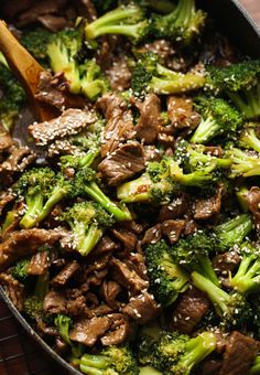 beef and broccoli stir fry in a skillet