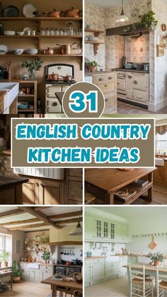 english country kitchen ideas are featured in this collage