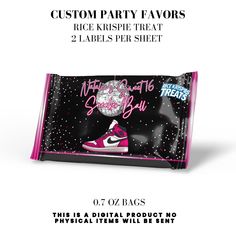 a pink and black bag with the words, custom party favors rice krispie treat 2 labels per sheet