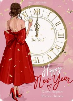 a woman in a red dress standing next to a clock with the words happy new year written on it