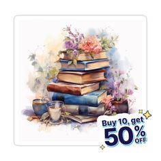 a pile of books with a cup of coffee next to it and the words buy 10 get 50 % off