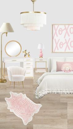 a white bedroom with pink accents and accessories on the floor, including a bed, chair, desk, lamp, mirror and rug