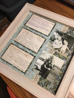 a wooden table topped with pictures and writing