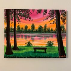 a painting of a park bench in front of a lake with trees and sunset behind it