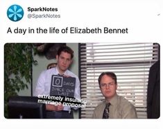 two men sitting at a desk with a sign in front of them that says, a day in the life of elizabeth bennet