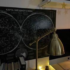 a desk lamp sitting on top of a wooden table next to a poster with stars