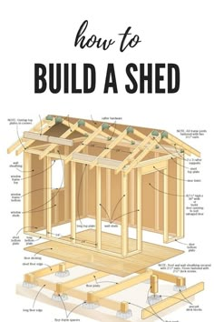 a shed with the words how to build a shed on it's front and side