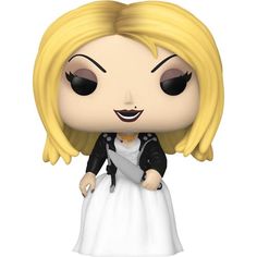 the bride pop vinyl figure is wearing a white dress and black jacket, holding a knife