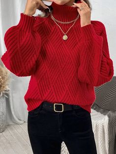 Women's Solid Color Minimalist Everyday Mock Neck Long Sleeve Sweater Red Casual  Long Sleeve Knitwear Plain Pullovers Slight Stretch  Women Clothing, size features are:Bust: ,Length: ,Sleeve Length: Turtleneck Under, Red Turtleneck, Red Pullover, Woolen Sweaters, Pullover Mode, Fashion To Figure, Elegant Dresses Long, Mock Neck Sweater, Winter Sweaters