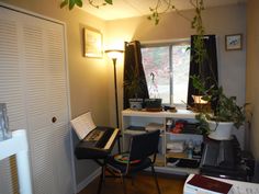 a room with a desk, chair and plants in it