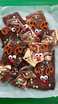 chocolate barkle decorated with pretzels and reindeer noses