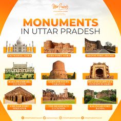 an advertisement for monuments in the middle of india, with different types of buildings and architecture