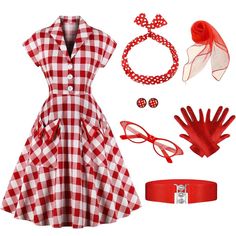 Checkered Skirt, Red Checkered, White Button Up, Accessories Set, Plaid Dress, Classic Vintage, Vintage Look, Vintage Looks, Retro Style