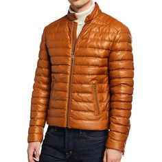 MotoGrip Leather Jacket Genuine Sheepskin Leather puffer down Jacket brown leather MG-BPF  • Real Leather • Sheep hide • Regular Fit extra room • Snap button closure • Two dual side pocket one inner pocket • Body: 100% leather; Body Lining: 100% polyester; Sleeve Lining: 100% polyester Men Leather Jacket, Brown Puffer Jacket, Brown Puffer, Leather Puffer, Leather Jacket Men, High Collar, Winter Wardrobe, Jacket Style, Puffer Jacket