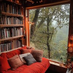 a red couch sitting in front of a window filled with books