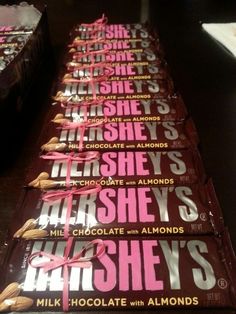 chocolate bars are lined up on a table