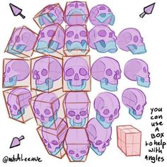 a bunch of purple skulls with different shapes and sizes on the top one is drawn in pencil