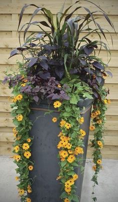 a tall planter filled with lots of yellow flowers