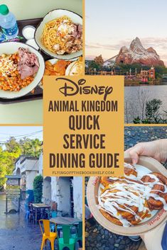 disney's animal kingdom quick service dining guide with images of the park and food