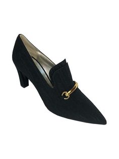 Pointed toe loafer with tapered heel. double tongue and stitching details. brass bar above toe. moire wrapped 2.75" heel. Elegant Slip-on Court Shoes With Deep Heel Cup, Elegant Slip-on Loafers With Pointed Toe, Elegant Slip-on Loafers With Reinforced Heel, Slip-on Heels With Removable Insole For Formal Occasions, Chic Formal Loafers With Reinforced Heel, Modern Formal Loafers With Reinforced Heel, Elegant Slip-on Court Shoes For Office, Evening Loafers With Almond Toe And Sculpted Heel, Chic Pointed Toe Loafers With Reinforced Heel