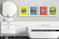 three bathroom art prints hanging on the wall above a bathtub with a pedestal sink