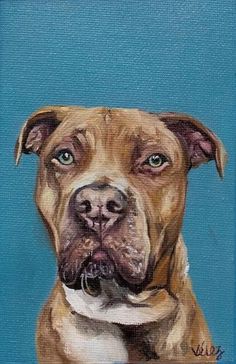 a painting of a brown dog with green eyes on a blue background, looking at the camera