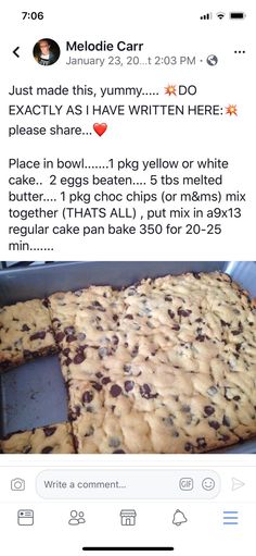 an image of a cookie cake with chocolate chips on it and the caption reads, just made this yummy, exactly as i have written here please share