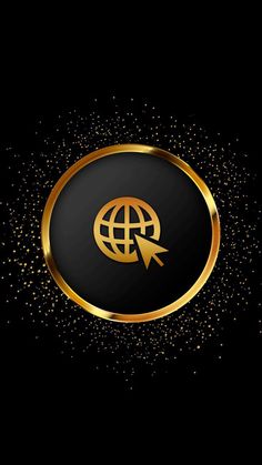 a black and gold background with an arrow pointing to the globe in it's center