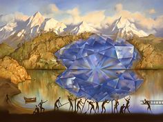 a painting of people standing in front of a lake with a large blue diamond on it