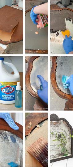 the process of painting an old mirror is shown in multiple pictures, including cleaning and waxing