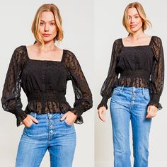 The cutest polka dot top! Sheer sleeves give off a romantic vibe. Gives the ultimate hourglass appearance due to its cinched waist. Pair with light colored denim jeans for a hip, sweet look. Colored Denim Jeans, Swiss Dot Blouse, Trendy Fits, Jean Top, Swiss Dot, Black Square, Colored Denim, Sheer Sleeves