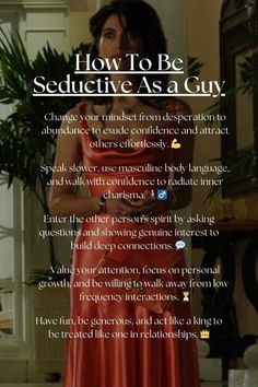 a woman in a red dress with the words how to be seductive as a guy