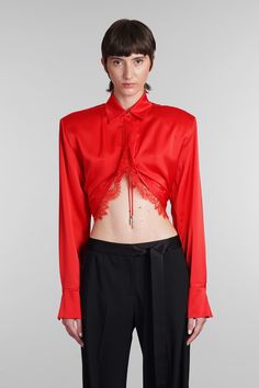 Shirt in red Triacetate, collar, long sleeves, concealed front fastening, sangallo lace detail, structured shoulders, crop cut, Made in Uk, 78% triacetate 22% polyester, Model is 178 cm and wears size 8 Red Elegant Cropped Top, Elegant Red Cropped Top, Red Lace Shirt, David Koma, Alessandra Rich, Saint Laurent Shoes, Rene Caovilla, Pleats Please Issey Miyake, Lace Shirt