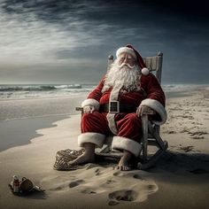 a santa claus sitting in a chair on the beach with his feet in the sand