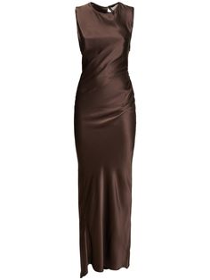 Back button closure at collar. Side zip closure. Asymmetric open back. Model is wearing a size34 Brown Satin Dress, Satin Long Dress, Brown Silk Dress, Satin Dress Long, Brown Satin, Brown Silk, Silk Satin, Silk Dress, Side Zip